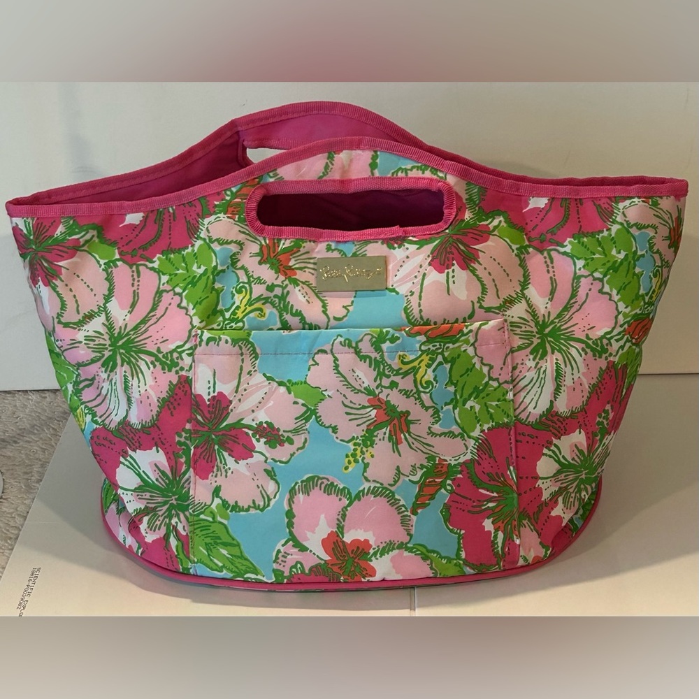 Lilly Pulitzer Floral Insulated Tote Cooler Bag Pink Green Zip Beach Travel - Picture 2 of 8